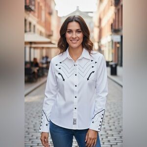 Cowgirl Panhandle Slim Retro White and Black Button Down Top